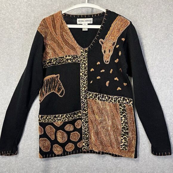 Vintage VICTORIA HARBOUR Safari Cardigan Sweater Animal Print Black Womens Small - Picture 2 of 12